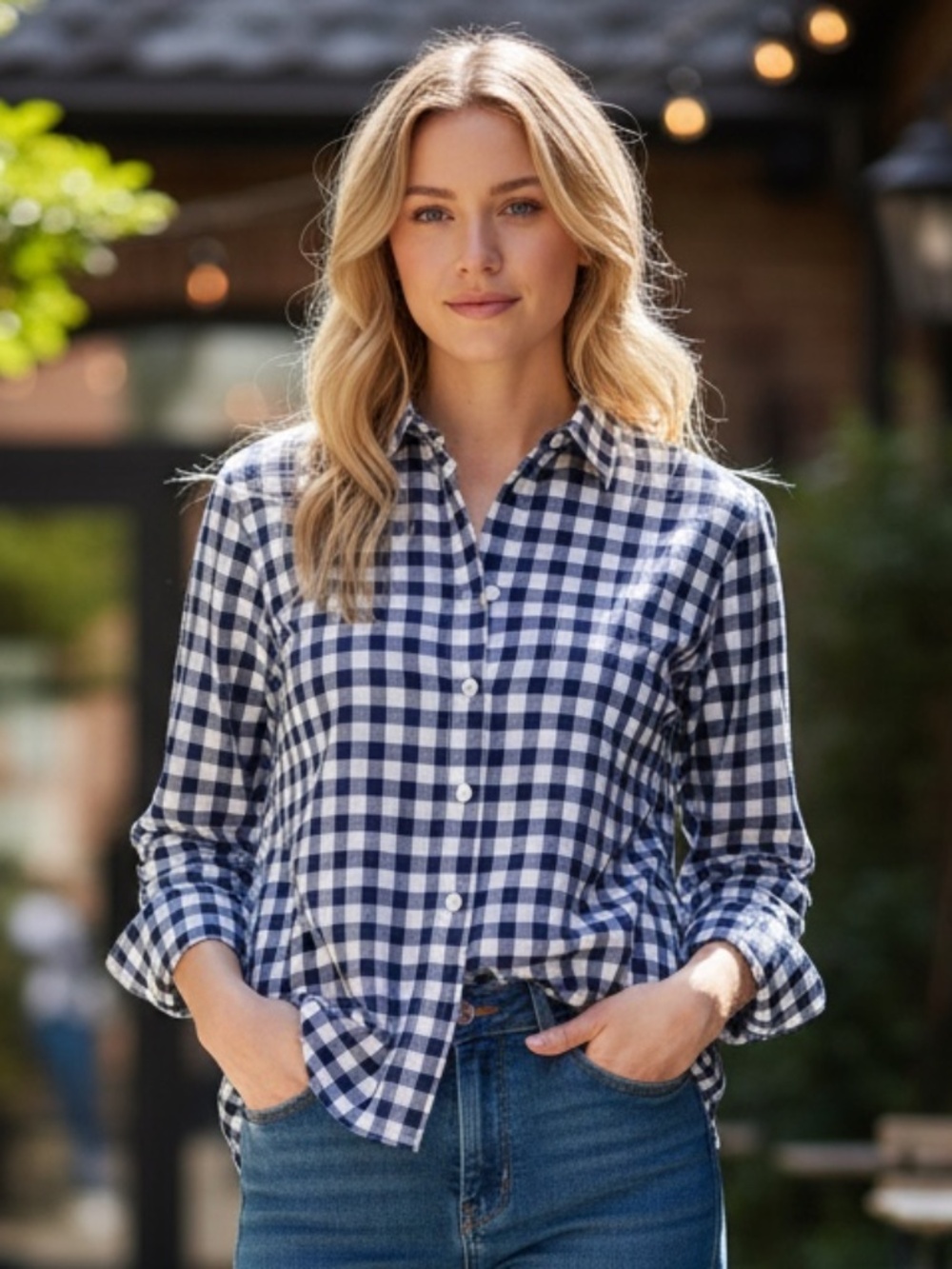 Coldwater Creek silk blend navy blue and white gingham check button-down small